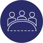 Illustration of dark blue circle with white line drawing of three people sitting at a table